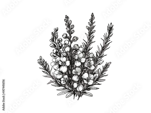 Vintage heather flower drawing, hand-drawn floral art, botanical engraving, retro nature sketch, floral bloom print, trendy illustration, vintage decor, nature sketch, retro flora art