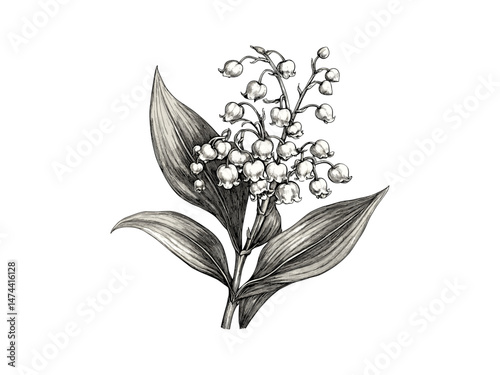 Vintage Lily of the Valley engraving, floral bloom illustration, antique sketch, trendy home decor, black botanical art, old floral drawing, hand-drawn flower, retro design