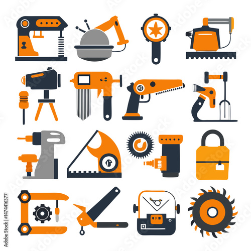 Collection of industrial machinery and tool icons in flat style
