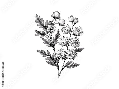 Antique mimosa flower sketch, floral hand-drawn art, black sketch, trendy decor, botanical illustration, vintage engraving, nature-inspired decor, flora bloom, flower art, mimosa floral drawing.