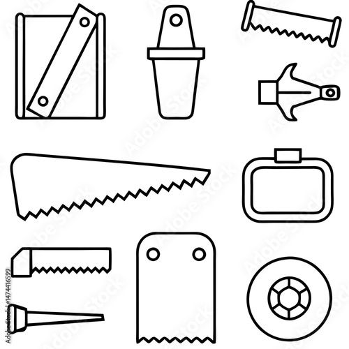 Outlined construction tools and supplies against a white background