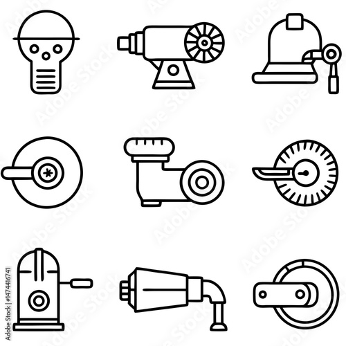 Monochrome line drawings of various machine parts and elements