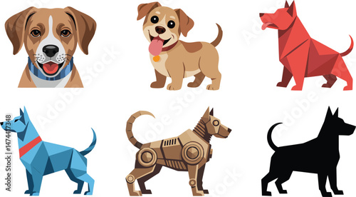 Diverse collection of cute dog illustrations including various stylized breed representations