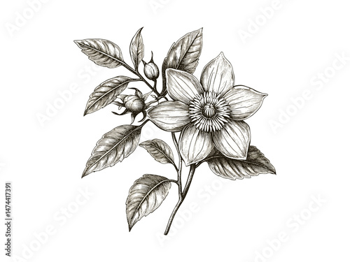 Vintage Passionflower bloom, botanical hand-drawn engraving, floral sketch, antique flower print, trendy decor, nature illustration, black sketch art, passionflower design, flora vintage