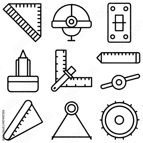 Construction and engineering tools outline vector icon illustration set