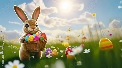 Energetic bunny joyfully carrying colorful easter eggs through sunny meadow