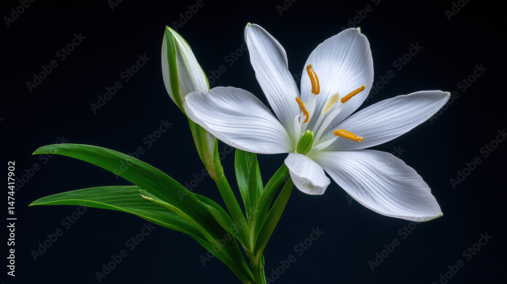 Fototapeta premium A stunning white autumn zephyr lily blossom elegantly blooms with a delicate bud and vibrant green foliage, against a captivating dark and contrasting backdrop.