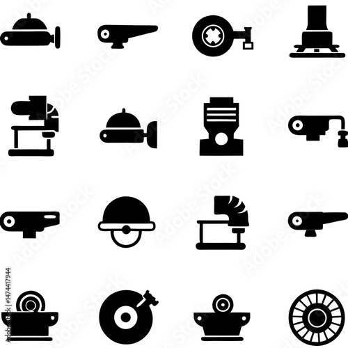 Black and white industrial equipment icons on white background