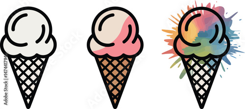 Illustrated ice cream cones in different colors and styles for summer desserts