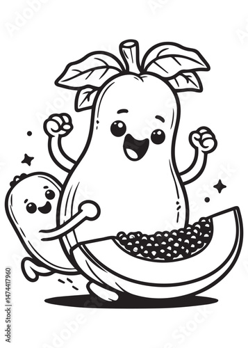 Coloring book papaya with a slice, cheered on by a smaller papaya friend