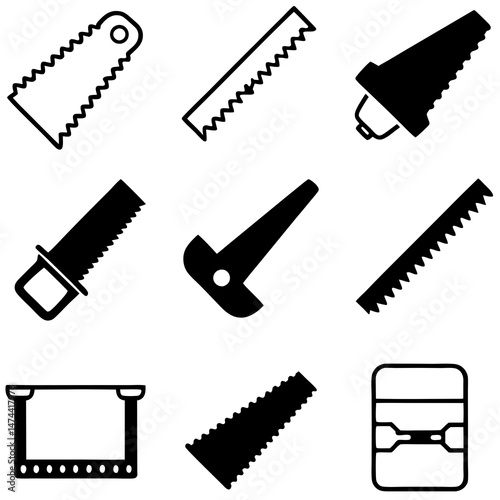 Collection of black and white saw icons for carpentry