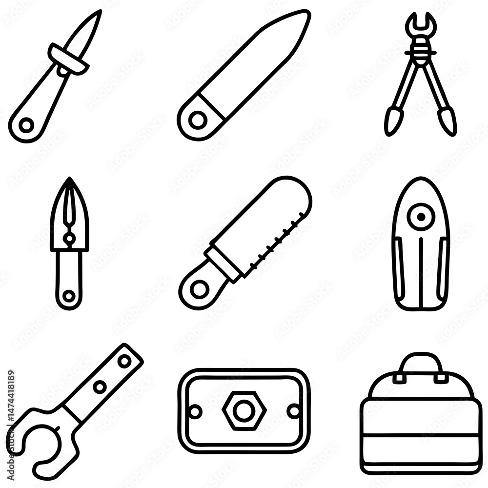 Fototapeta premium Outline icon set featuring assorted tools and hardware items