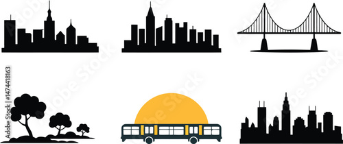 Silhouette collection featuring city skylines bridge trees and bus vector illustration on white background
