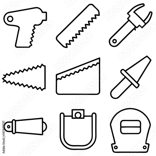 Simple line art tool icons collection on white backdrop