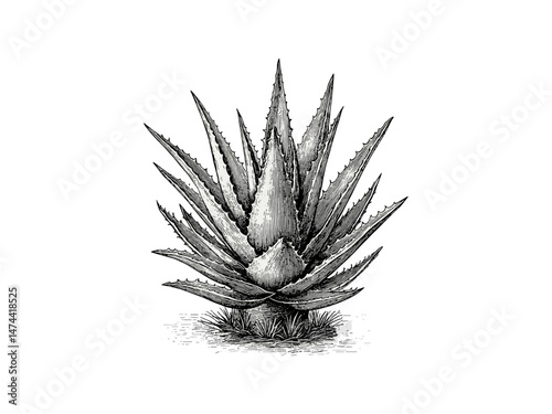 Hand-drawn aloe vera flower sketch, vintage botanical illustration, engraved plant artwork, black retro design, rustic garden motif, old engraving style, trendy flower bloom, garden line art