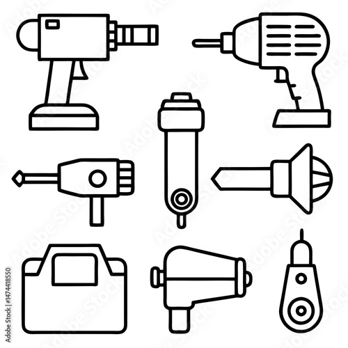 Outline illustrations of various power tools on a white background