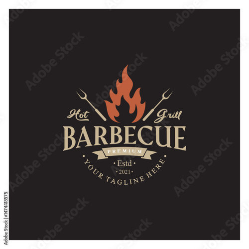 Simple Barbecue Vintage hot grill, with crossed flames and spatula. Logo for restaurant, badge, cafe and bar.vector