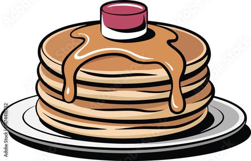 Stack of delicious pancakes with syrup and butter on a white plate breakfast food