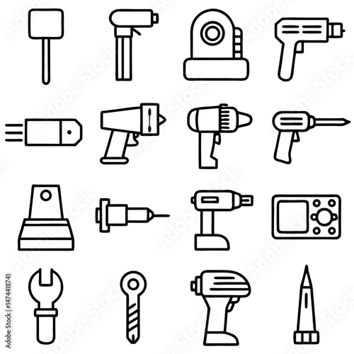 Line art illustration of construction and mechanical tools