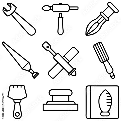 Variety of hand tools in simple black outline style