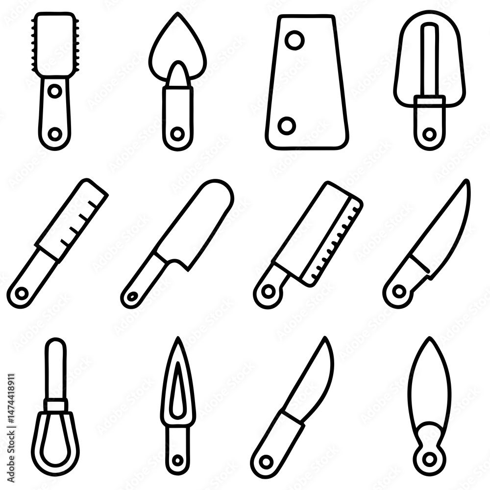 Outline drawing of assorted gardening and cooking utensils tools Outline drawing of assorted gardening and cooking utensils tools