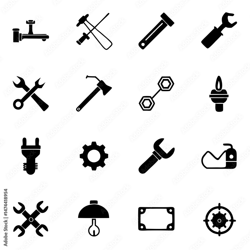 Fototapeta premium Black and white handyman tool kit vector illustration set