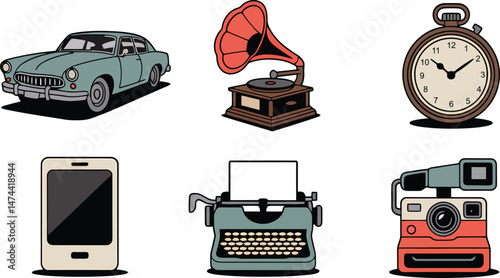 Vector illustration depicting various generations of communication and transport technologies