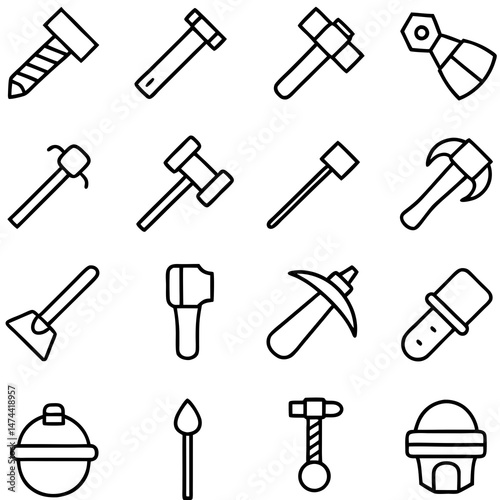 Outline icons tools set various hand instruments and equipment
