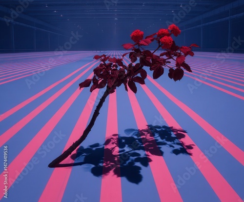 Surreal rose in futuristic neon landscape with shadow play