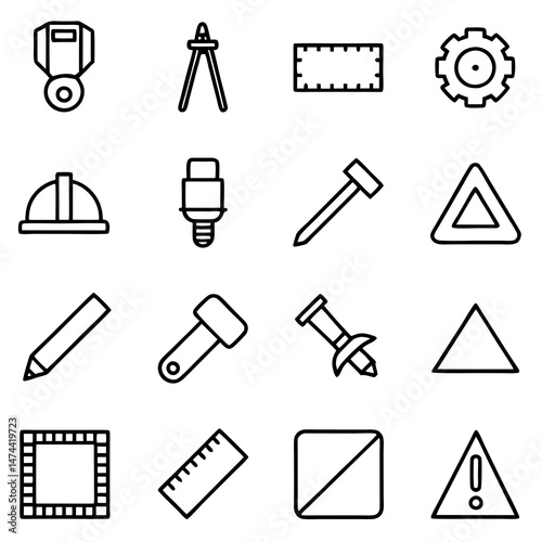 Construction and drafting tool icons arranged in geometric pattern