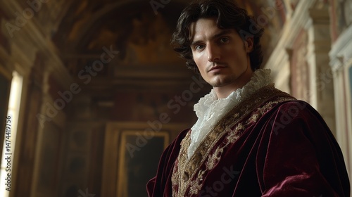 Man in renaissance style clothing stands indoors with arched ceiling background.