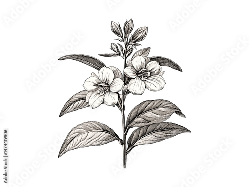Balsam flower engraving, antique botanical art, vintage sketch, nature illustration, trendy home decor, flower bloom, black sketch, retro print, floral decor, old engraving style