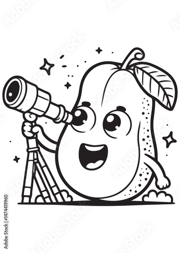 Coloring book papaya looking through a telescope surrounded by stars.