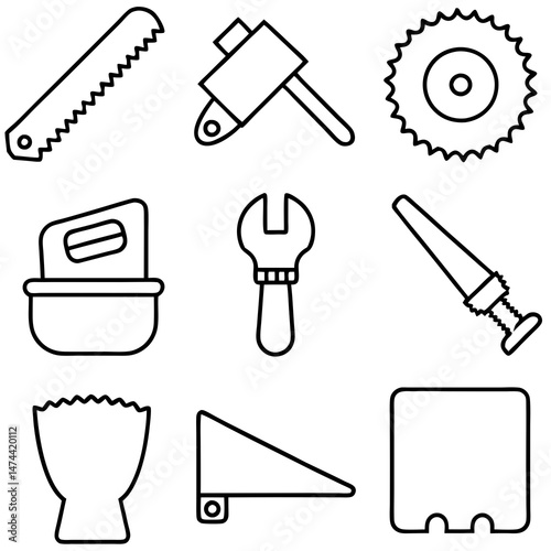 Hand tools line art icons on a white background