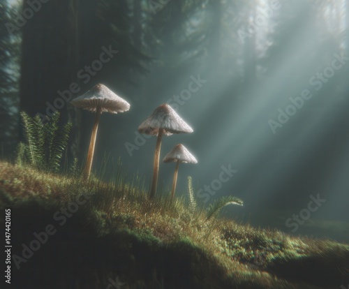Magical scene with sunlight illuminating whimsical mushrooms