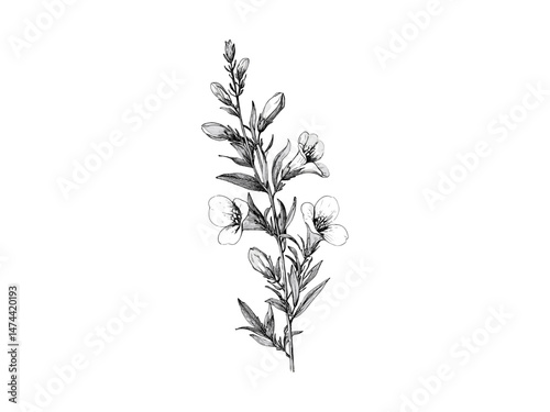 Hand-drawn engraving of bell heather flower, antique botanical decor, rustic garden art, vintage floral sketch, engraved bloom print, old engraving style, trendy black sketch, bloom illustration