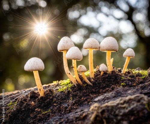 Magical mushrooms illuminated sunlight