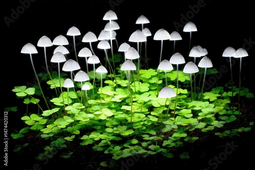 Magical mushrooms glowing in dark enchanting woodland