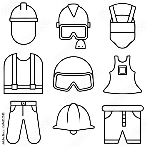 Line art set of protective workwear and safety equipment