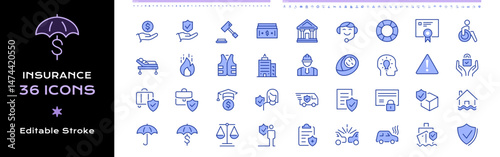Insurance Line Icons Set Design Collection - Editable Vector Stroke Color.