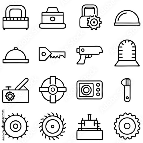 Outlined industrial tools and equipment on white background
