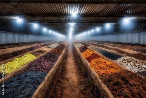 Colorful compost piles in organic recycling facility