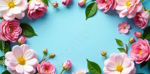 Wallpaper Mural Delicate blooms create a square frame on a serene blue Flat lay wedding , pink, greenery, bouquet Torontodigital.ca