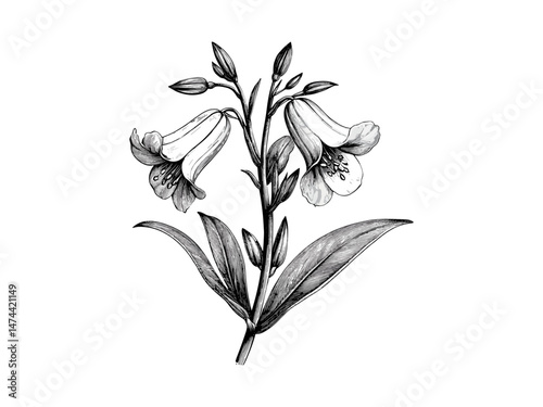 Vintage hand-drawn engraving of bluebell bloom, antique print, retro botanical style, bluebell flower sketch, trendy floral artwork, black sketch, flora, bloom, engraving, old illustration.