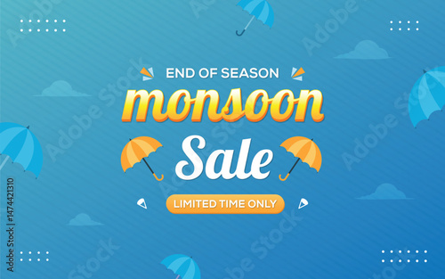  Lovely Monsoon Sale Poster. Monsoon Sale banner. Discount, Cute umbrella for monsoon season sale, template, Text Space Background. vector illustration