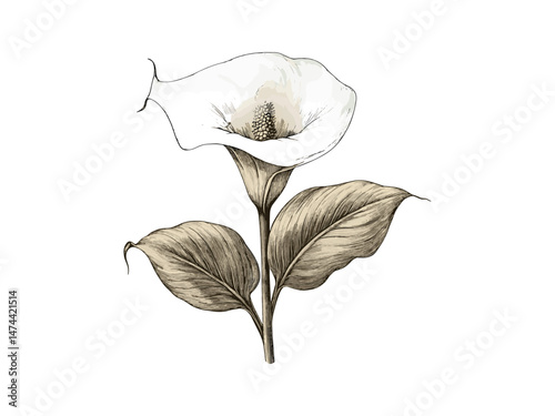 Calla lily sketch, vintage botanical illustration, black floral art, trendy home decor, retro floral engraving, antique flower drawing, nature-inspired sketch, old engraving art