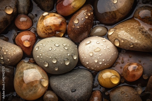 Smooth river stones glistening with water droplets, a tranquil natural scene
