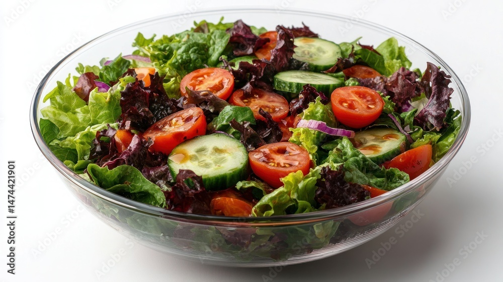 Fresh mixed greens salad with cherry tomatoes, cucumbers, and red onion Fresh mixed greens salad with cherry tomatoes, cucumbers, and red onion