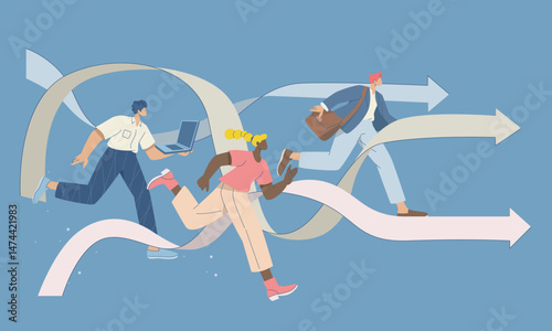 Business competition concept, Skill competition or attempt to succeed in career or work, Man and woman are running on arrow to reach career goal. Flat vector design illustration.