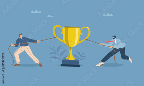 Businessmen pulling ropes competing to win a trophy, Competition for success or prize, Business competition or conflict, Fighting for trophies and success. Flat vector design illustration.